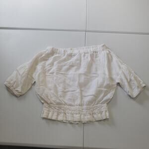 120% Lino Blouse Women 40 Medium White Linen Off Shoulder Puff Sleeve Summer Top